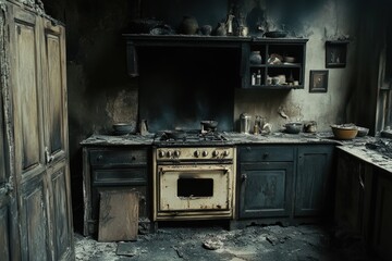 Burned Kitchen. Charred remains of furniture and stove in aftermath of house fire