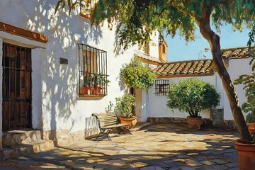 Fototapeta premium Sun-drenched courtyard, plants, bench, stucco walls.