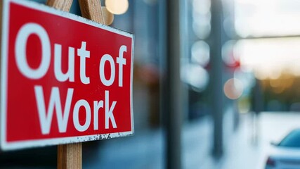 A red Out of Work sign symbolizing unemployment, economic downturns, and workforce challenges