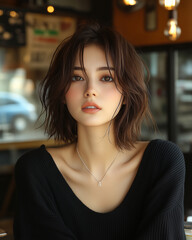 美女, 女性, 美しい, 顔, モデル, 日本, 韓国, 中国, アジア, カフェ, ファッション