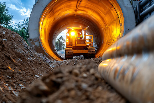 Tunnel construction operations under urban area heavy machinery in action industrial site nighttime environment low angle viewpoint engineering concept