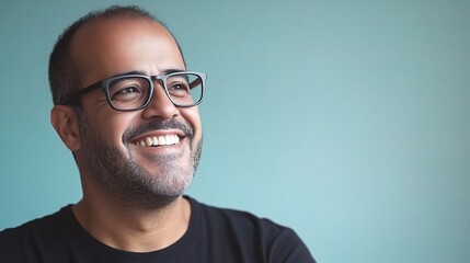 Obraz premium Smiling Hispanic Man with Glasses Against a Soft Blue Background