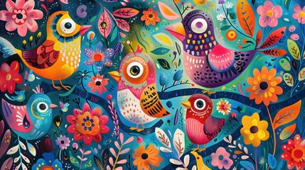 Obraz premium Colorful birds and flowers in vibrant illustration.