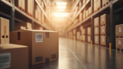 Warehouse storage with barcode labels on boxes, tracking system on a screen