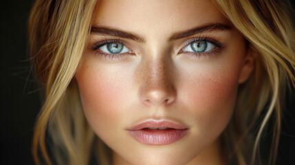 Close-up of a young woman's face with captivating blue eyes and soft features, highlighting her natural beauty and flawless skin