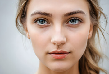 Obraz premium Portrait of a joyful beautiful blond German woman with blue eyes showing an open smile and looking at the camera
