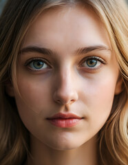 Fototapeta premium Portrait of a joyful beautiful blond German woman with blue eyes showing an open smile and looking at the camera