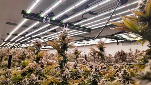 A vast indoor cannabis cultivation facility filled with flowering plants under LED bright lights, showcasing rows of lush greenery ready for harvest. Science for food security and sustainable concept.