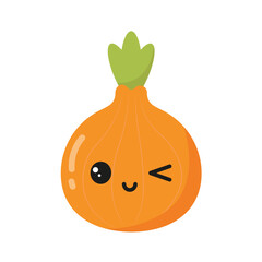 Cute onion with big eyes winking. Flat vector illustration on white background.