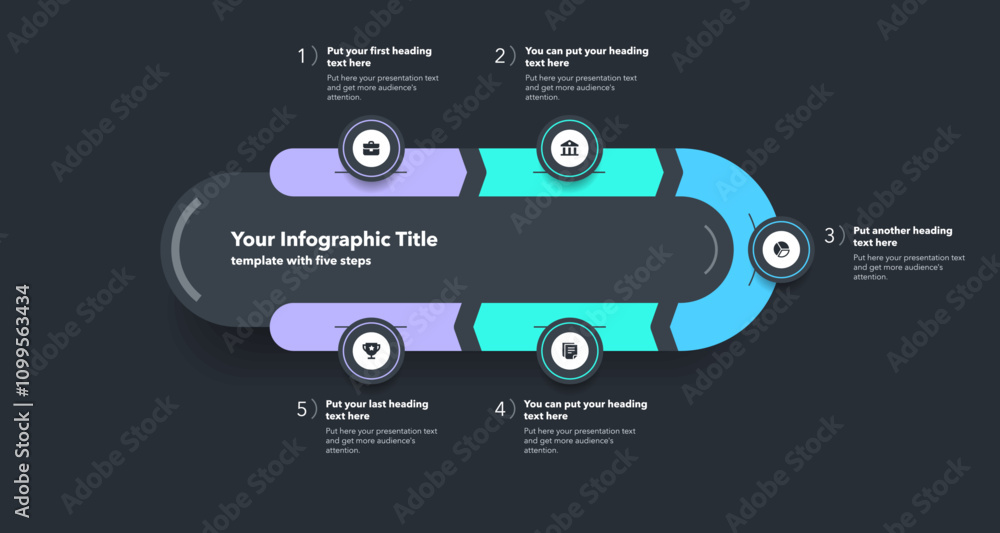 Poster infographic progress diagram with five steps with numbers and minimalistic icons - dark version. can