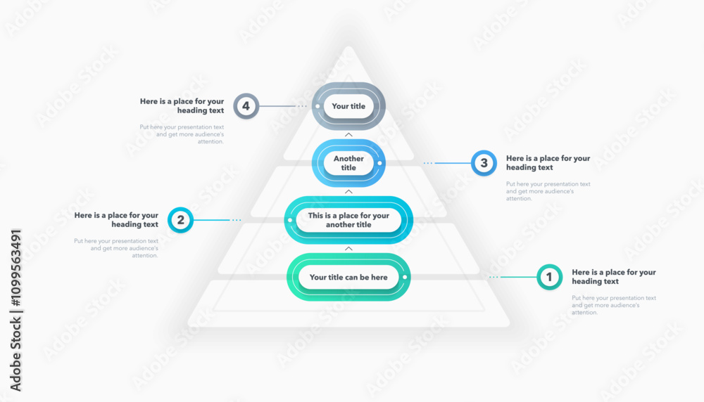 Poster triangle pyramid chart template with four colorful steps. infographic diagram divided into four opti