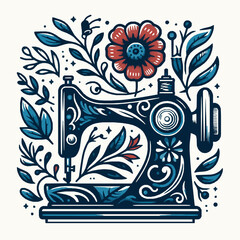 sewing machine and flower logo design illustration svg