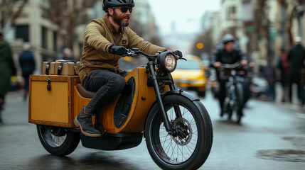 Fototapeta premium A man confidently rides an electric cargo bike, navigating through busy city streets filled with pedestrians and cars on an overcast day