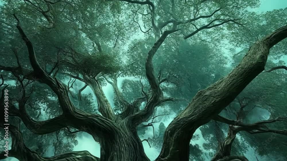 Poster majestic ancient tree branches intertwine against a mystical foggy backdrop in an enchanted forest a