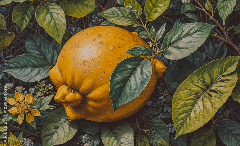 Poster yellow lemon is sitting on a leaf. the lemon is cut in half and has a small stem