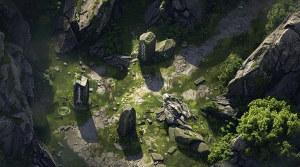 DnD Battlemap Rocky Plateau with Sinister Totems - Mysterious landscape with eerie totems.