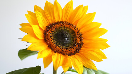 The large, round head of the sunflower is bright yellow. You can see the dark brown disc florets, which are not petals, but modified flowers that contain the reproductive organs of the sunflower.