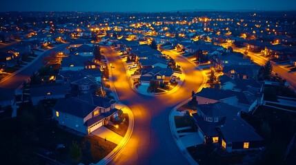 Illuminated Suburban Neighborhood at Dusk with Street Lights On