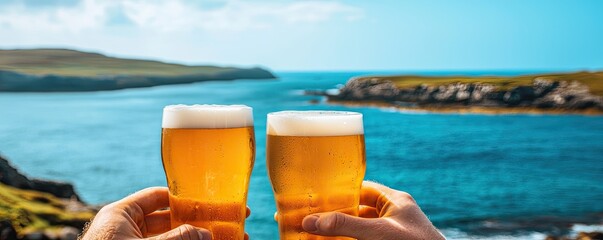 Obraz premium Two glasses of beer are raised in a toast against a scenic coastal backdrop, embodying relaxation and celebration by the water.
