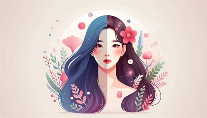 Elegant digital artwork of a woman with flowers and vibrant colors, blending contemporary and traditional styles, ideal for use as abstract art or a conceptual poster