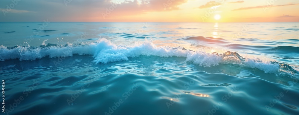 Poster calm ocean waves at sunset. turquoise water surface with soft light reflecting. gentle wave pattern.
