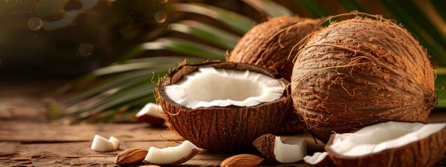 Coconuts on a rustic wooden table with palm leaves