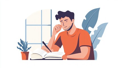 Man Writing in a Notebook by the Window