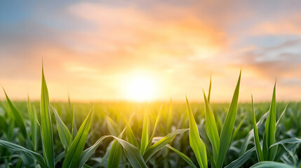 Green Corn Field at Sunset with Golden Sky
