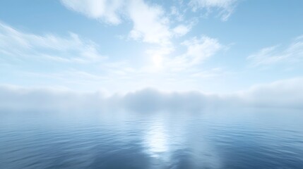 Serene Calm Water Under a Misty Blue Sky