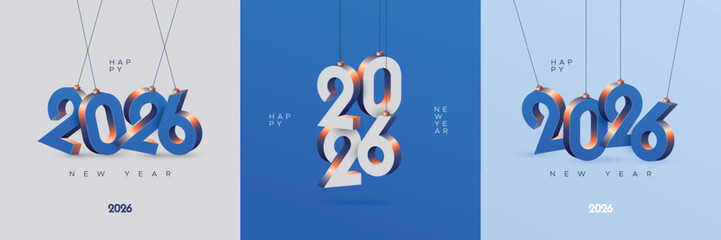 Happy new year 2026 square template with 3D blue hanging number. Greeting concept for 2026 new year celebration