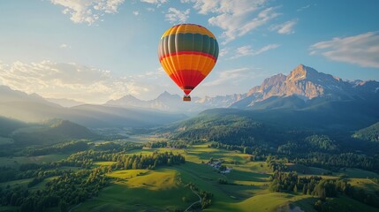 Fototapeta premium Colorful Hot Air Balloon Floating Above Scenic Mountain Landscape