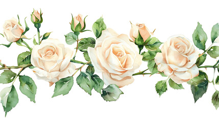 Naklejka premium Watercolor frame illustration white cream rose and green leaves isolated on white background. Border hand painted natural plant twigs with light peach fuzz color roses rose for design