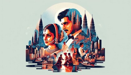 Cinematic illustration of romantic Indian couple with cityscape in vibrant conceptual poster style