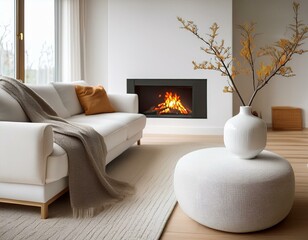 Fototapeta premium Scandinavian style home interior design of modern living room. Minimalist room with white furniture, fireplace, wooden accents and decorative branches in ceramic vase. focus on the couch