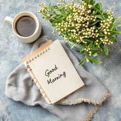 Naklejka premium Good morning concept. A cozy morning scene featuring a notebook with 