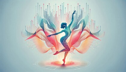 Fototapeta premium Digital art illustration of a graceful dancer surrounded by colorful, flowing abstract elements, symbolizing the harmony of movement and modern technology.