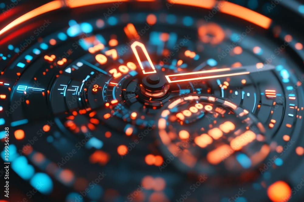 Poster intricate design of a futuristic dashboard display with glowing orange and blue elements