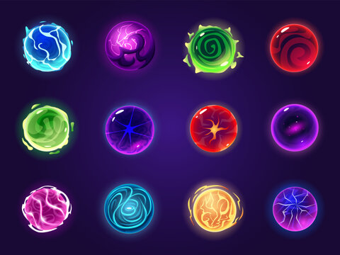 Cartoon magic spheres. Toxic gas hot magma iced globes. Vibrant planets, purple green red blue fantasy game ui elements, nowaday vector set