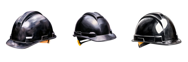 Obraz premium Safety helmet construction, Three black hard hats displayed from different angles, showcasing their design and safety features.