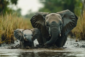 Fototapeta premium A mother elephant and her calf walk through muddy water, the calf's trunk is extended out in front of it.