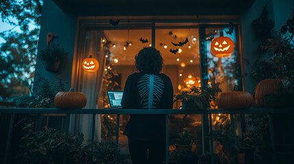 Obraz premium A woman dressed in a skeleton outfit is working on a laptop on her balcony, surrounded by glowing pumpkins and Halloween decorations at dusk