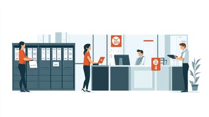 Office Scene: Employees Working and Managing Documents