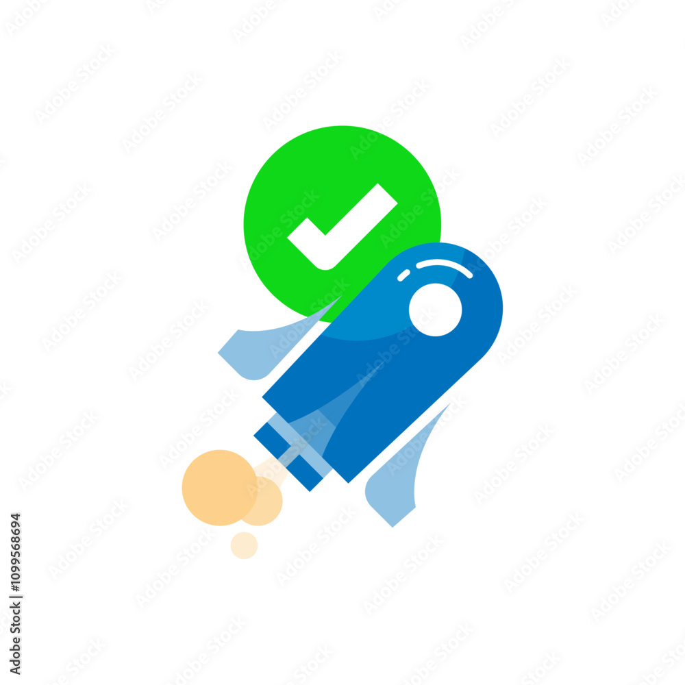 Poster illustration featuring a rocket and a check mark, symbolizing current app version is up to date with