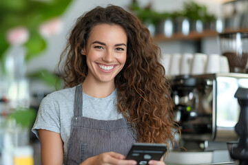 Young woman making contactless payment with qr code at cozy cafe digital payment experience urban setting modern technology lifestyle