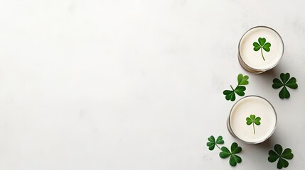 Two creamy desserts adorned with clover leaves, set against a light background, suggest a festive or nature-themed occasion.