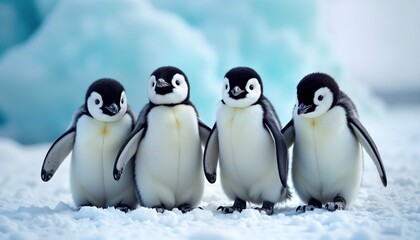 Obraz premium Four adorable baby penguins stand together on snowy ground. Cute chicks in antarctica. Wild nature scene. Nature background. Baby animals. Winter scene. Wildlife photography. Adorable moment.