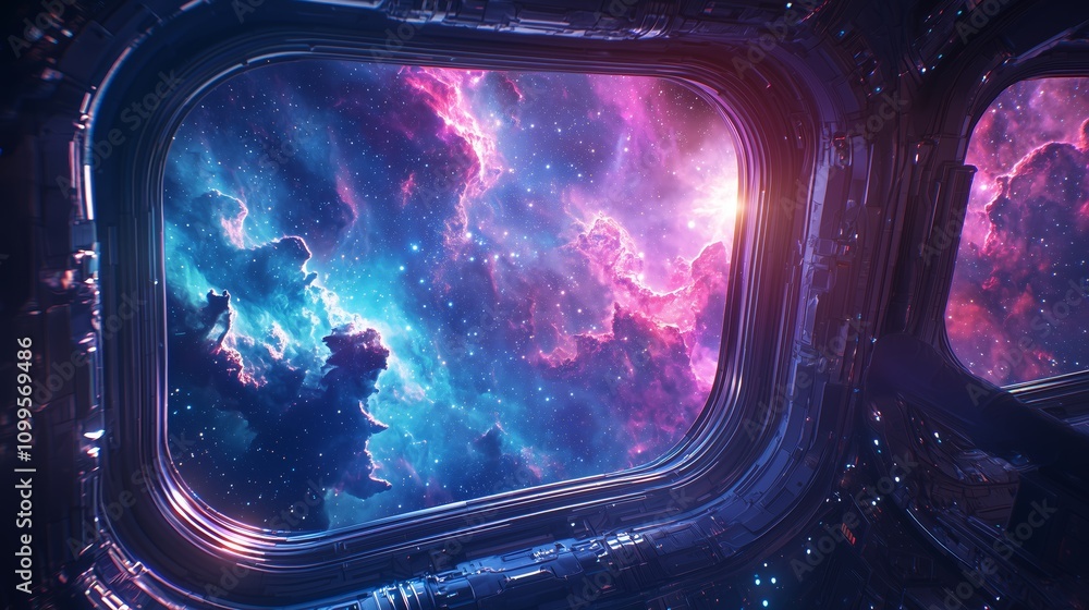 Poster cosmic view through space portal in vibrant colorful nebula
