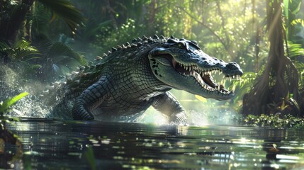 Fototapeta premium Aggressive crocodile bursting out of water with mouth wide open, displaying sharp teeth and scaly skin, surrounded by a misty jungle environment under soft sunlight.