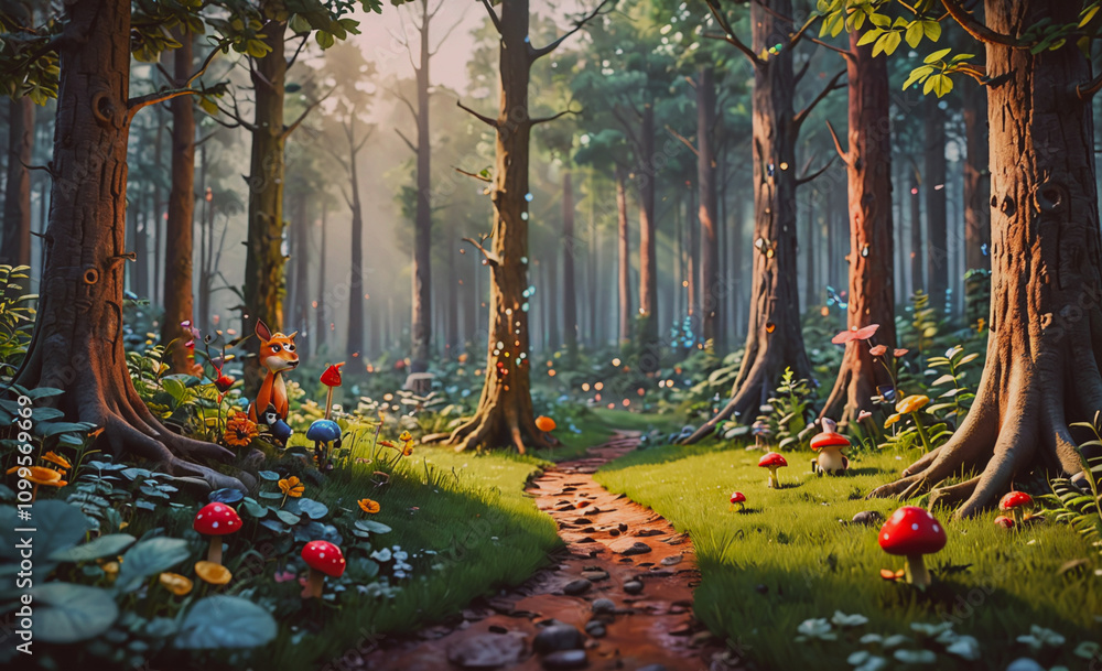 Aufkleber Forest with a path and a mushroom. A rabbit is walking on the path. There are many mushrooms scattered around the path