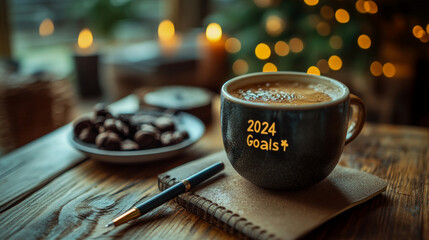 A cozy setting features a coffee mug marked with 2024 goals, accompanied by chocolate treats and a pen placed on a textured wooden table